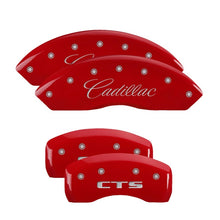 Load image into Gallery viewer, MGP 4 Caliper Covers Engraved Front Cursive/Cadillac Engraved Rear CTS Red finish silver ch