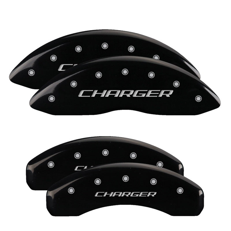 MGP 4 Caliper Covers Engraved Front & Rear With stripes/Challenger Black finish silver ch MGP