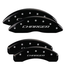 Load image into Gallery viewer, MGP 4 Caliper Covers Engraved Front &amp; Rear With stripes/Challenger Black finish silver ch MGP