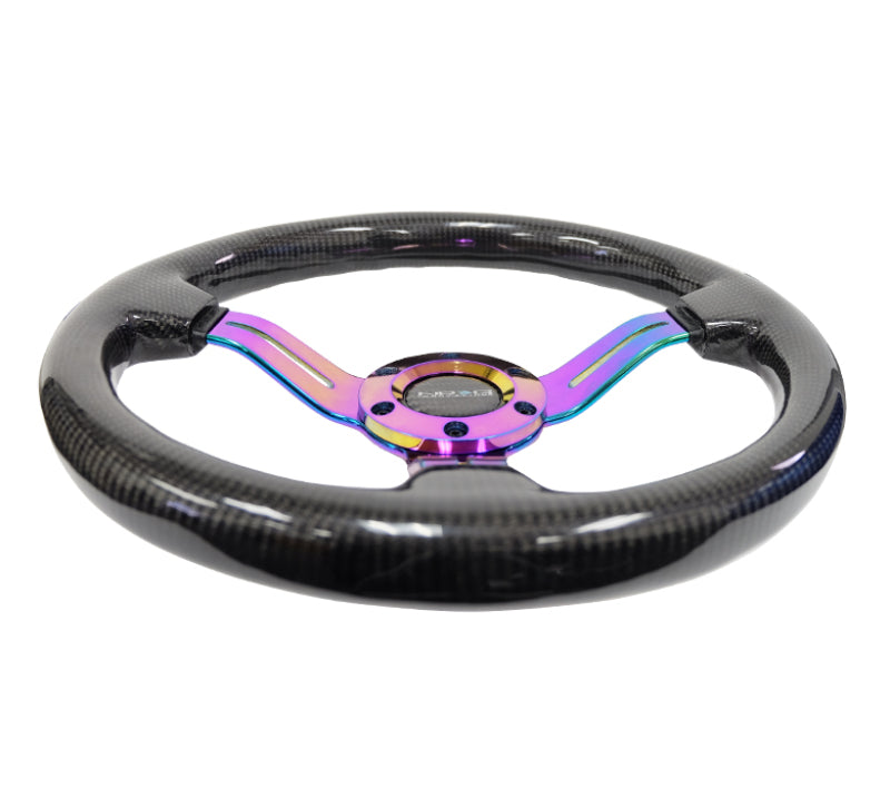 NRG Carbon Fiber Steering Wheel (350mm / 1.5in. Deep) Neochrome 3-Spoke Design w/Slit Cuts - ST-010MC-CF