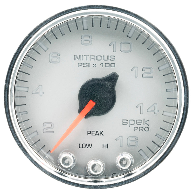 Autometer Spek-Pro Gauge Nitrous Press 2 1/16in 1600psi Stepper Motor W/Peak & Warn Slvr/Chrm P32021