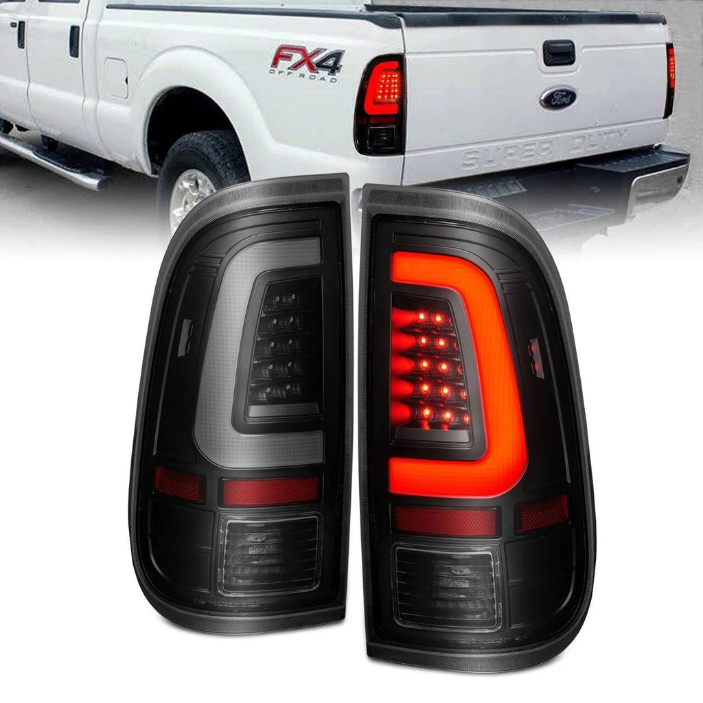 ANZO 2008-2016 Ford F-250 LED Tail w/ Lights Bar Black Housing Smoke Lens - eliteracefab.com