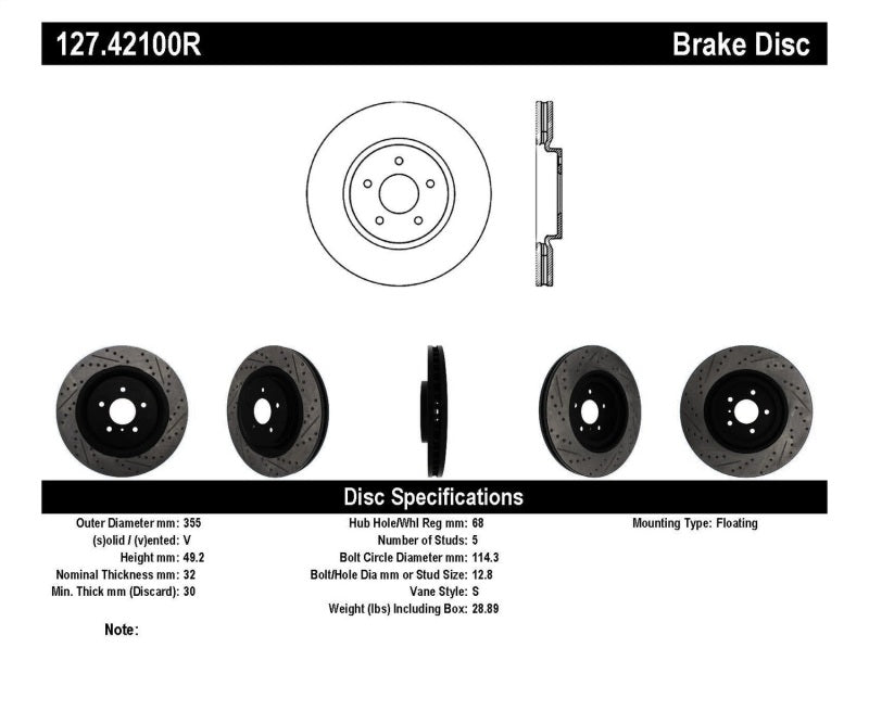 STOPTECH INFINITI G37 / NISSAN 370Z SPORTSTOP SLOTTED & DRILLED FRONT RIGHT ROTOR, 127.42100R - eliteracefab.com