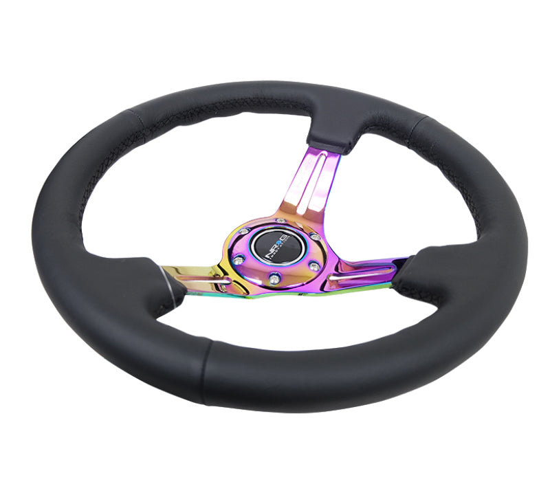 NRG Reinforced Sport Steering Wheel 350mm Leather 3 Inch Deep Black Stitch NeoChrome Slits - eliteracefab.com