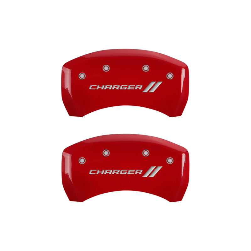 MGP 4 Caliper Covers Engraved Front & Rear With stripes/Charger Red finish silver ch - eliteracefab.com