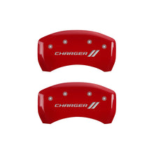 Load image into Gallery viewer, MGP 4 Caliper Covers Engraved Front &amp; Rear With stripes/Charger Red finish silver ch - eliteracefab.com