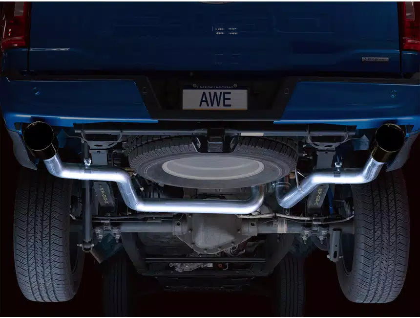 AWE 0FG 21+ Ford F150 Dual Split Rear Cat-Back Exhaust- 5in Diamond Black Tips - eliteracefab.com