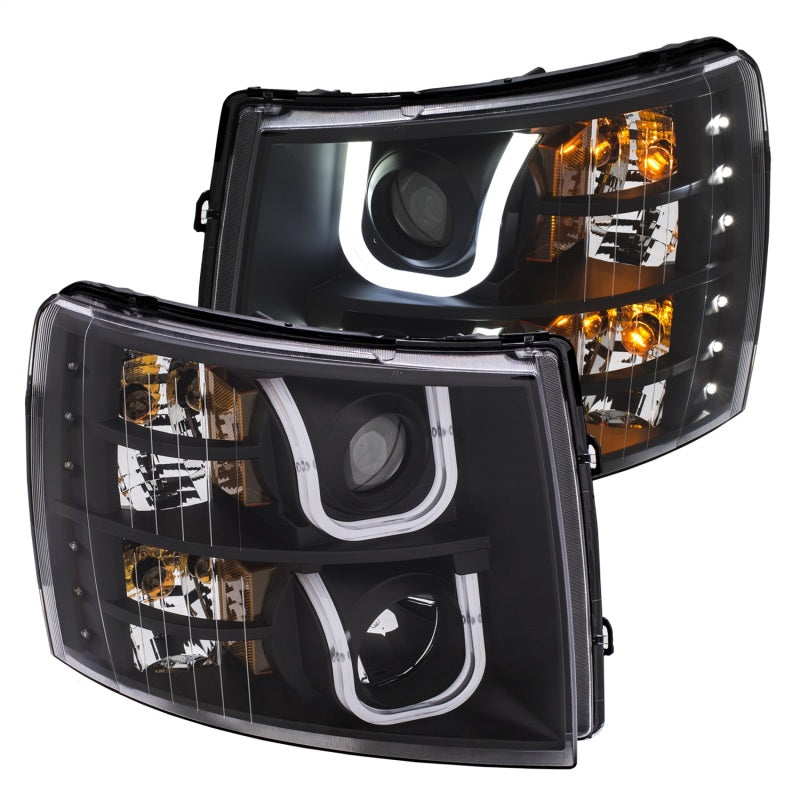 ANZO 2007-2013 Chevrolet Silverado 1500/2500 Projector Headlights w/ U-Bar Switchback Black w/ Amber - eliteracefab.com