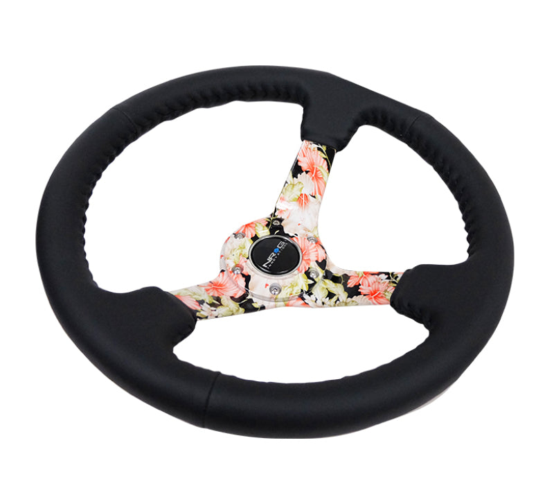 NRG Reinforced Steering Wheel (350mm / 3in. Deep) Blk Leather Floral Dipped w/ Blk Baseball Stitch - eliteracefab.com