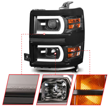 ANZO 14-15 Chevrolet Silverado 1500 Projector Headlights w/ Plank Style Switchback Black w/ Amber - eliteracefab.com