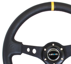 NRG Reinforced Sport Steering Wheel 350mm 3 Inch Deep Black Spoke Round holes Black Leather Yellow Stripes - eliteracefab.com