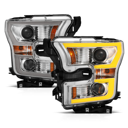 ANZO USA Ford F-150 Projector Headlights W/ Plank Style Switchback Chrome W/ Amber; 2015-2017 - eliteracefab.com