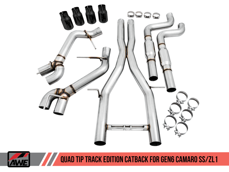 AWE Tuning 16-19 Chevy Camaro SS Resonated Cat-Back Exhaust -Track Edition (Quad Diamond Black Tips) - eliteracefab.com