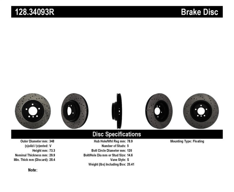 STOPTECH 07-10 BMW 335I CROSS DRILLED RIGHT FRONT ROTOR, 128.34093R - eliteracefab.com