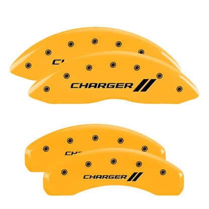 MGP 4 Caliper Covers Engraved Front & Rear Cursive/Charger Yellow finish black ch MGP