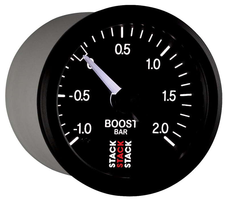 Autometer Stack 52mm -1 to +2 Bar T-Fitting 0.187in Barb (M) Mechanical Boost Pressure Gauge - Black ST3111