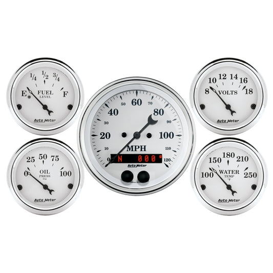 Auto Meter Speedometer 3-3/8in and 2-1/16in 5 Piece Old Tyme White Gauge Kit 1650