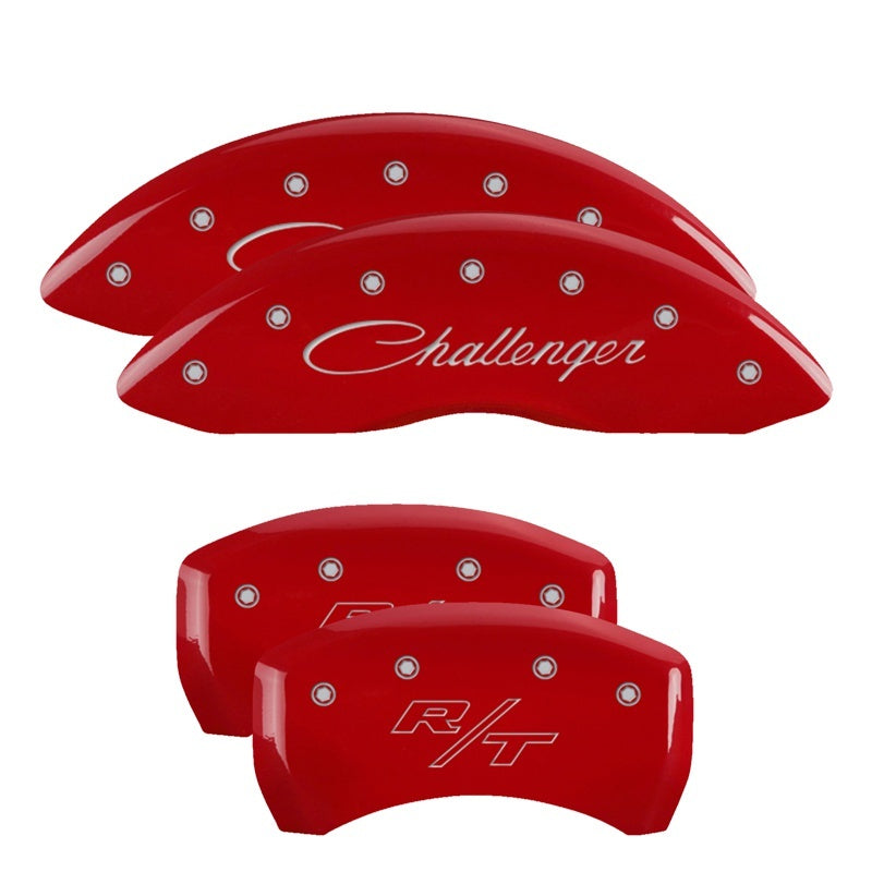 MGP 4 Caliper Covers Engraved Front Cursive/Challenger Engraved Rear RT Red finish silver ch - eliteracefab.com