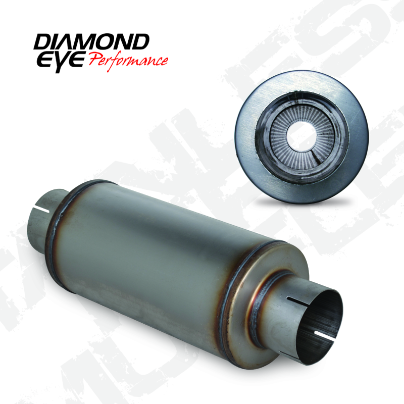 Diamond Eye MFLR 4inID SGL IN/SGL OUT 7inDIA X 14in BODY 20in LENGTH PERF SLOTTED ENDS 409 SS Diamond Eye Performance