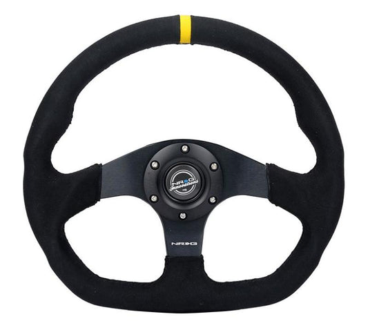 NRG Innovations 320mm Flat-Bottom Reinforced Steering Wheel - Alcantara - Yellow Center Mark – RST-024D-MB-SA-Y