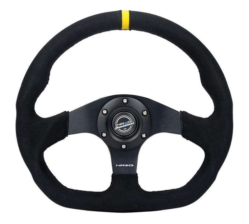 NRG Reinforced Steering Wheel (320mm) Sport Alcantara Dual Push Buttons Flat Bottom w/Yellow Center - RST-024D-MB-SA-Y