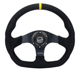 NRG Reinforced Steering Wheel (320mm) Sport Alcantara Dual Push Buttons Flat Bottom w/Yellow Center - RST-024D-MB-SA-Y