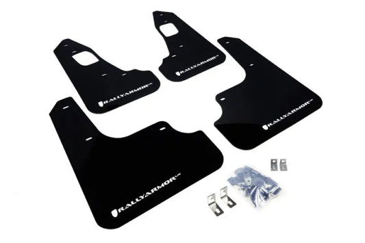 Rally Armor UR Mudflaps Urethane Mitsubishi Evo X 2008-2015 - Black/White - eliteracefab.com