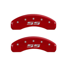 Load image into Gallery viewer, MGP 4 Caliper Covers Engraved Front &amp; Rear Silverado style/SS Red finish silver ch MGP