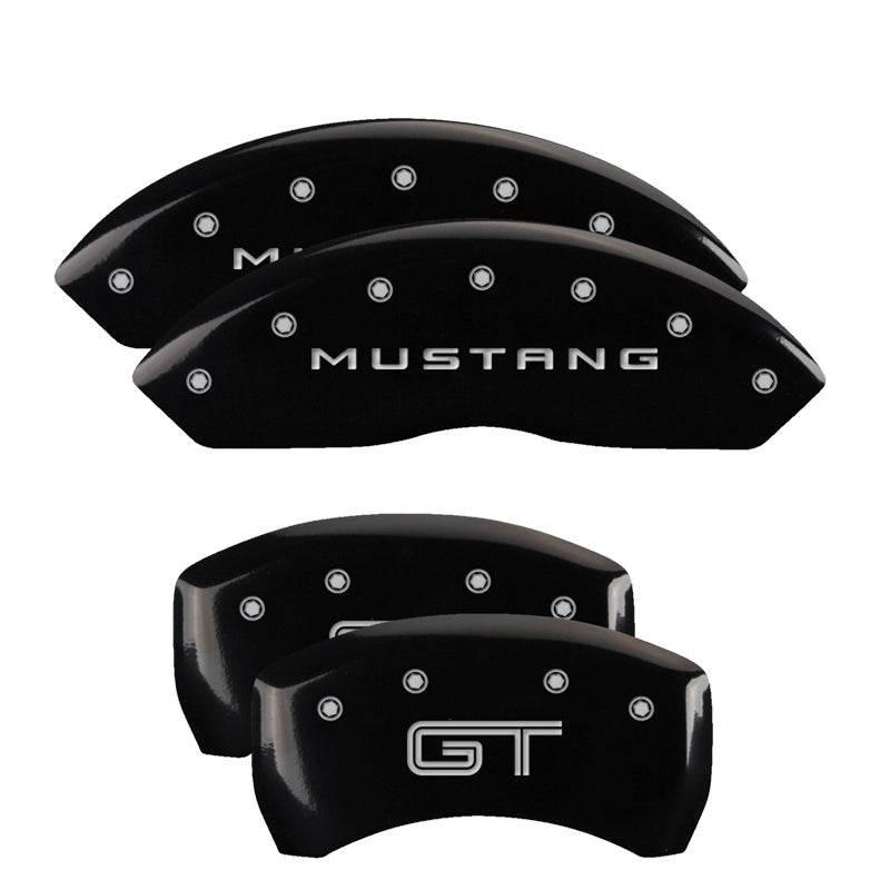 MGP 4 Caliper Covers Engraved Front Mustang Engraved Rear GT Black finish silver ch MGP