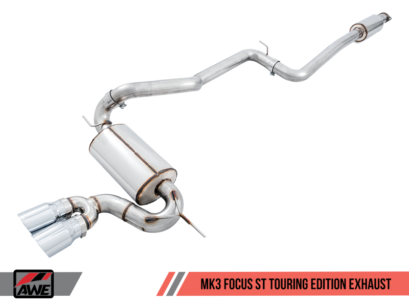 AWE Tuning Ford Focus ST Touring Edition Cat-back Exhaust - Resonated - Chrome Silver Tips - eliteracefab.com