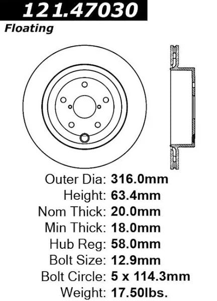 CENTRIC 08-10 SUBARU IMPREZA STI REAR ROTOR, 121.47030 - eliteracefab.com