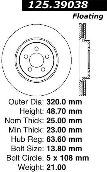 CENTRIC 13 FORD FOCUS ST FRONT PREMIUM HIGH CARBON BRAKE ROTOR, 125.39038 - eliteracefab.com