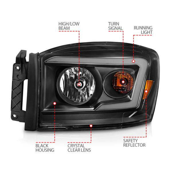 Anzo 06-09 Dodge RAM 1500/2500/3500 Headlights Black Housing/Clear Lens (w/ Light Bars) - eliteracefab.com