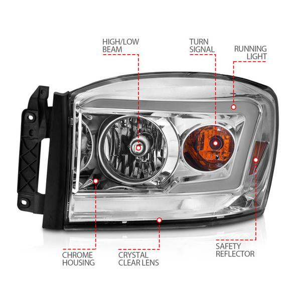 Anzo 06-09 Dodge RAM 1500/2500/3500 Headlights Chrome Housing/Clear Lens (w/Switchback Light Bars) - eliteracefab.com