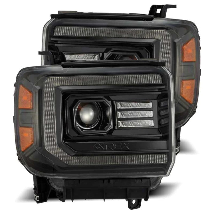 AlphaRex 14-18 GMC Sierra LUXX LED Proj Headlights Plnk Style Alpha Blk w/Activ Light/Seq Signal/DRL - eliteracefab.com