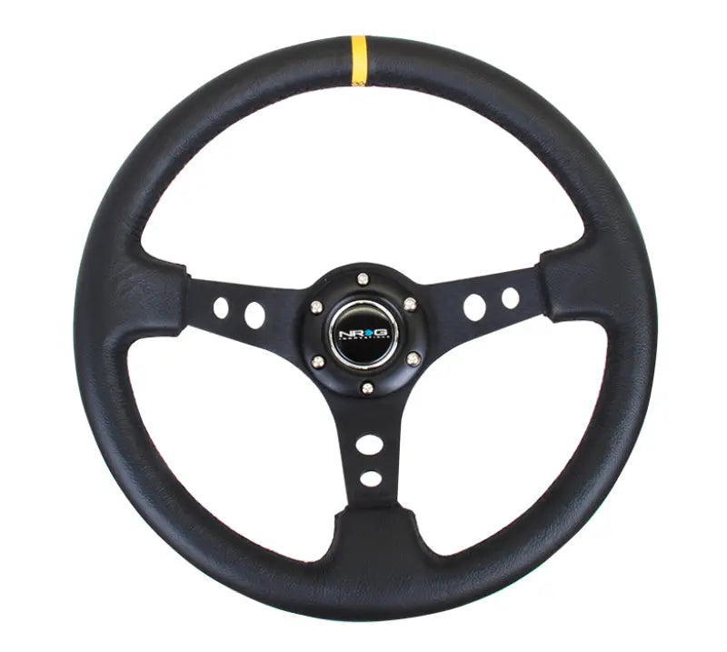 NRG Reinforced Sport Steering Wheel 350mm 3 Inch Deep Black Spoke Round holes Black Leather Yellow Stripes - eliteracefab.com