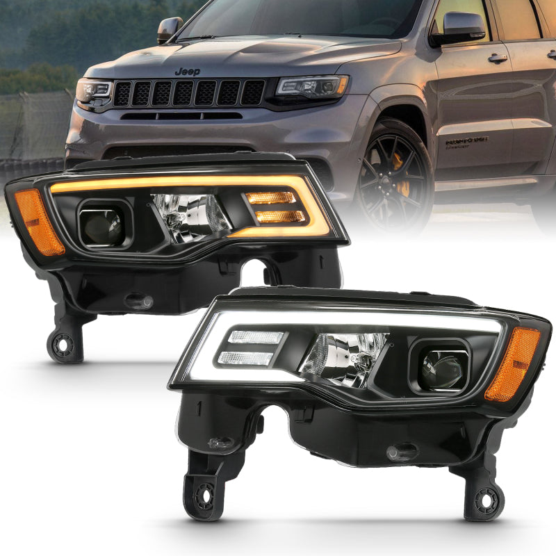 ANZO 2017-2018 Jeep Grand Cherokee Projector Headlights w/ Plank Style Switchback - Black w/ Amber - eliteracefab.com