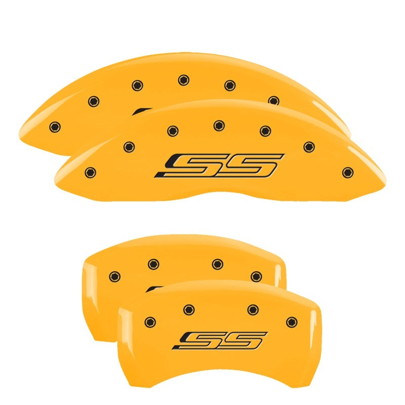 MGP 4 Caliper Covers Engraved Front & Rear Bowtie Yellow Finish Black Char 2015 Chevrolet SS MGP