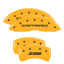 Load image into Gallery viewer, MGP 4 Caliper Covers Engraved Front Camaro Rear Z28 Yellow Finish Black Char 2000 Chevy Camaro MGP