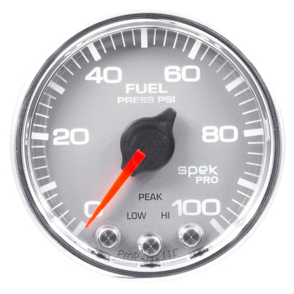 Autometer Spek-Pro Gauge Fuel Press 2 1/16in 100psi Stepper Motor W/Peak & Warn Slvr/Chrm P31421