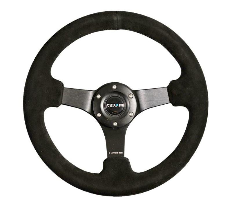 NRG Reinforced Steering Wheel (330mm / 3in Deep) Blk Suede w/Criss Cross Stitch w/Blk 3-Spoke Center - eliteracefab.com