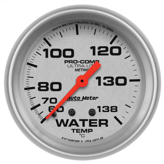 Autometer Ultra-Lite 66.7mm Mechanical 60-140 Degree C Water Temperature Gauge w/ 6in Tubing 4431-M