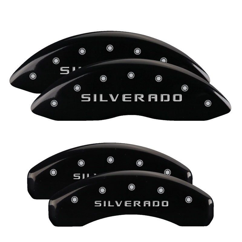 MGP 4 Caliper Covers Engraved Front & Rear Silverado Black finish silver ch MGP