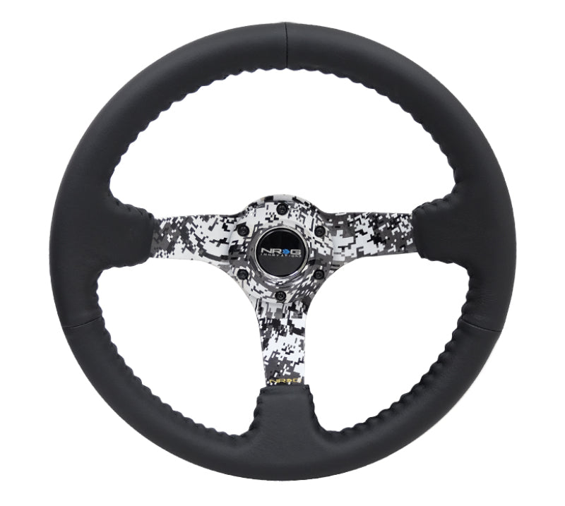 NRG Reinforced Sport Steering Wheel 350mm 3 Inch Deep Hydro Dipped Digital Camo 5mm spoke Black Leather Black Baseball Stitching - eliteracefab.com