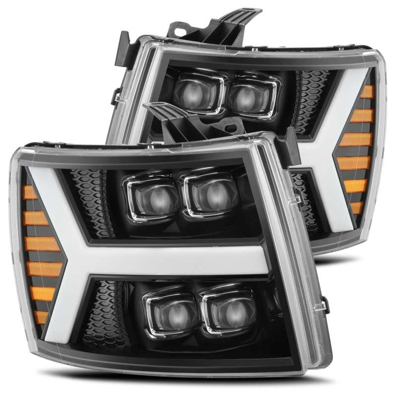 AlphaRex 07-13 Chevy 1500HD NOVA LED Proj Headlights Plank Style Gloss Blk w/Activ Light/Seq Signal - eliteracefab.com