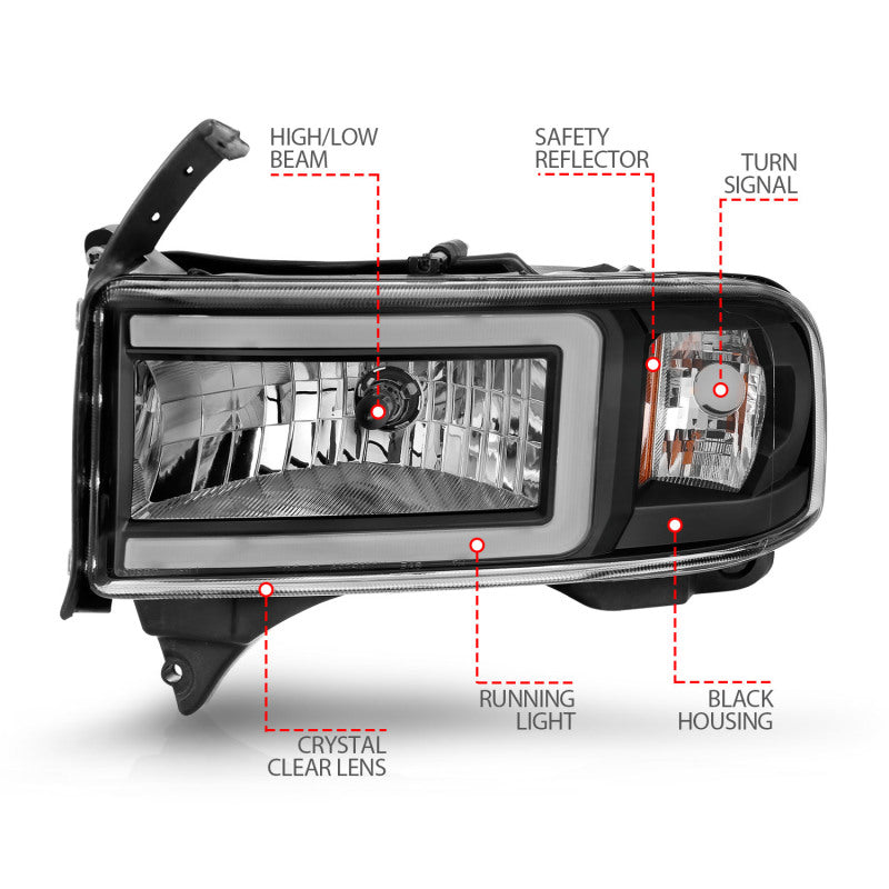 ANZO 94-02 Dodge RAM Crystal Headlight - w/ Light Bar Black Housing - eliteracefab.com