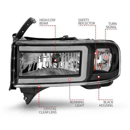 ANZO 94-02 Dodge RAM Crystal Headlight - w/ Light Bar Black Housing - eliteracefab.com