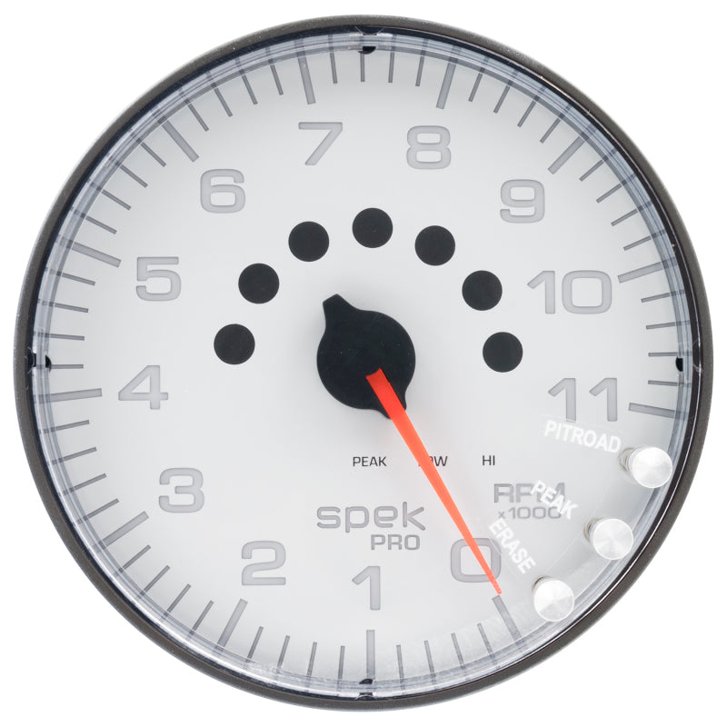 Autometer Spek-Pro Gauge Tachometer 5in 11K Rpm W/Shift Light & Peak Mem White/Black P239128