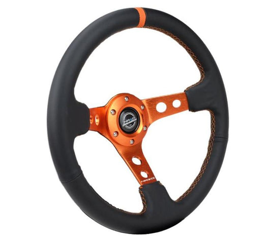 NRG Innovations 350mm Reinforced Deep Dish Steering Wheel - Leather - Orange Spokes - Orange Stitch – RST-006OR