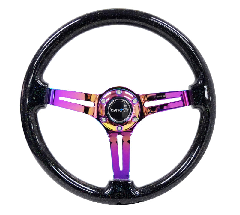 NRG Reinforced Classic Wood Grain Wheel 350mm 3-Spoke Slotted Center Neochrome Black Multi-Color Flake Wood - eliteracefab.com